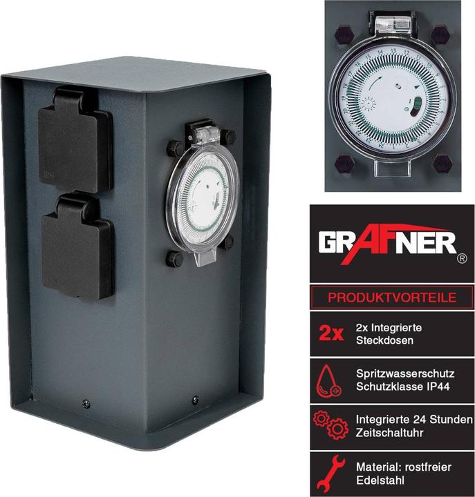 Produktbild Grafner rafner Edelstahl Steckdosensäule mit Timer 2 Aussensteckdosen Anthrazit Gartensteckdose