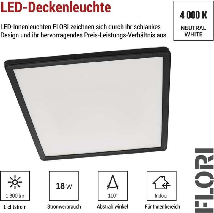 Produktbild Emos LED-Anbauleuchte FLORI quadrat, schwarz, 18W, neutralweiss (1800 lm)