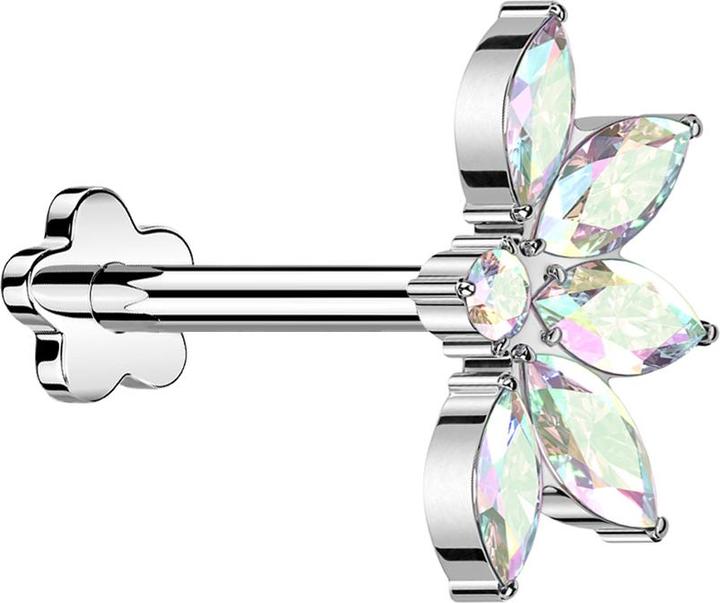 Star Piercing Micro Threadless Labret Blume silber halbe Lotusblume silber Kristalle multicolor (Titan G23, ohne Messing)