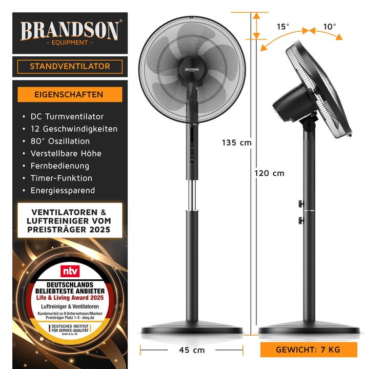 Image du produit Brandson Standventilator, Fernbedienung, DC, leise, energiesparend, Oszillation, Timer, 43 cm Ø, 12 Stufen (59 dB)