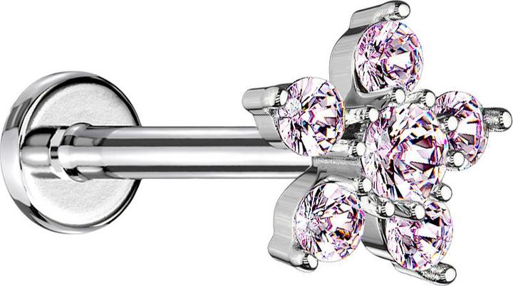Star Piercing Micro Labret Innengewinde silber Blume Kristall pink (Messing, Chirurgenstahl 316L)