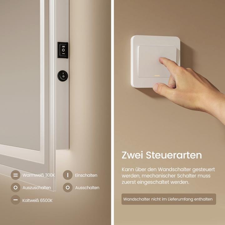 Produktbild Emke Badezimmerspiegel mit Beleuchtung 100*60cm,Beschlagfrei, 3000K/6500K,Tast Schalter (100 x 60 x 35 cm)