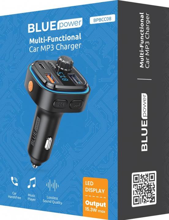 Produktbild Blue Power BT FM Transmitter and Car Charger BPBCC08, 2 x USB-A - 1 x USB C - 1 x microSD, schwarz