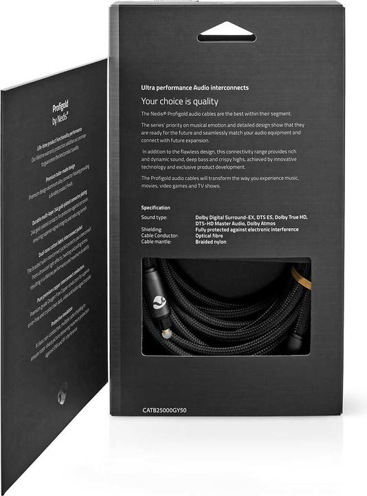 Produktbild Nedis Optical audio cable TosLink Male, 5m, round, braided - Gray With Metal (5 m, TOSLINK)