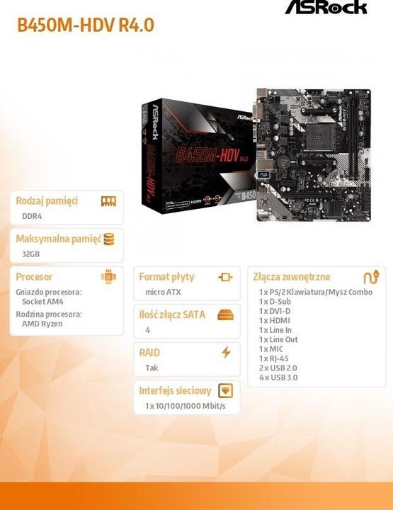 Produktbild AsRock B450M-HDV R4.0 B450 (AM4, AMD B450, mATX)