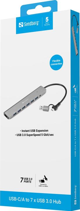 Actual product image Sandberg USB-C/A to 7 x USB 3.0 Hub (USB-C, USB-A, 7 Ports)