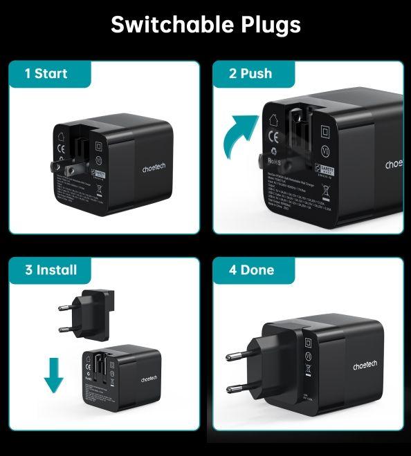 Actual product image Choetech USB Ladegerät mit zwei Anschlüssen und einziehbarem Kabel (65 W)