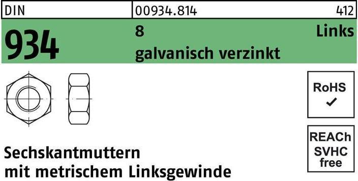 Produktbild Sechskantmutter DIN 934 links M 5 -LH 8 galvanisch verzinkt (M5)