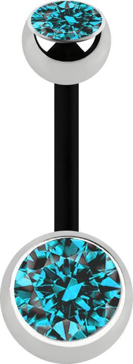Star Piercing Banane schwarz mit zwei Kugeln silber Kristall aqua (Bioflex, ohne Messing, Chirurgenstahl 316L)
