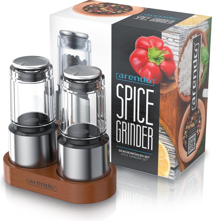 Produktbild Arendo Salz- & Pfeffermühle Elektrisch 2er Set, Gewürzmühlen, Edelstahl, Holz Ständer, Batteriebetrieben (Salz, Pfeffer)