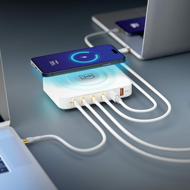 Produktbild 3MK Hyper Charger PowerMax 100W 4xUSB-C + 2xUSB-A stacja ładująca z ład. indukcyjną QC+PD (100 W)