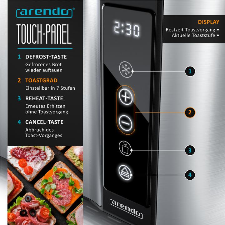 Actual product image Arendo Toaster stainless steel 4 slices long slot, touchpannel, bun warmer, display with remaining time