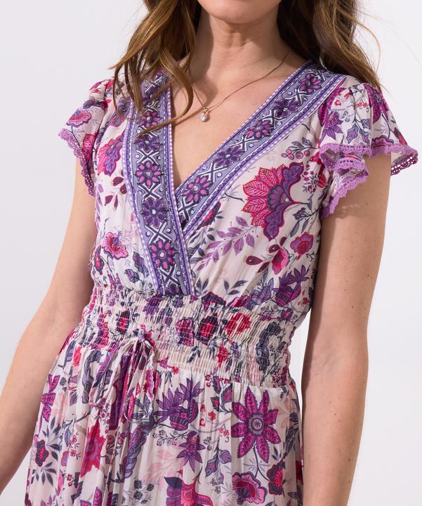 Actual product image Joe Browns Border Print Floral Shirred Waist V-Neck Tassel Dress