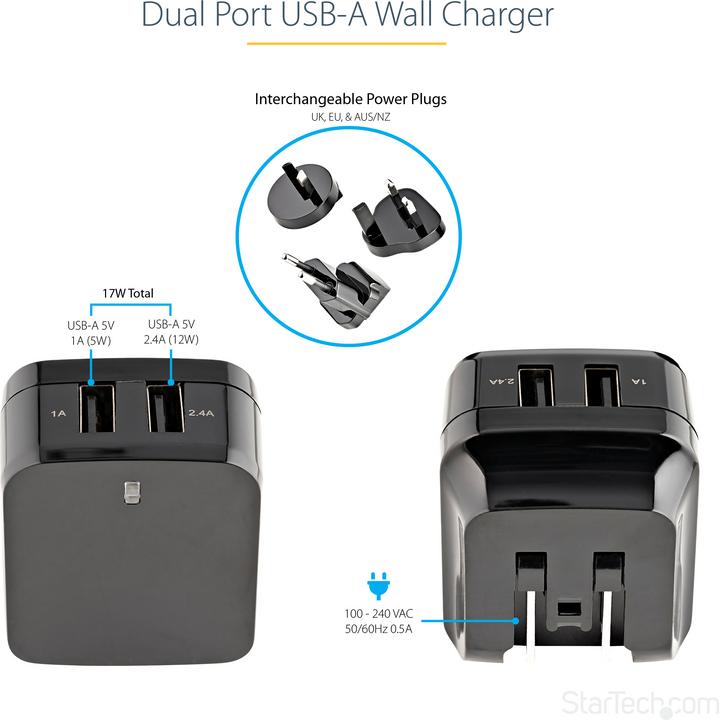 Produktbild StarTech 2 Port USB Ladegerät / Netzteil - 2-fach Ladestecker 17 Watt / 3.4 Amp - Dual Reiseladegerät 110... (17 W)