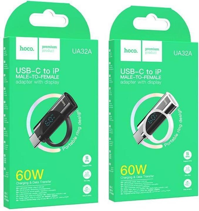 Actual product image Hoco Cable adapter Type C (male) to Lightning (female) with digital display 3A 60W UA32A black (Lightning, USB-A)