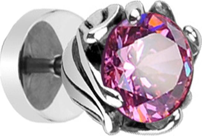 Star Piercing Fake Plug silber Tribal Blume mit Kristall pink (ohne Messing, Chirurgenstahl 316L)