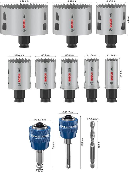 Produktbild Bosch Professional Zubehör PRO Multi Material PC Plus Lochsägen-Set, 11-tlg. (51 Millimeter, 40 Millimeter, 30 Millimeter, 35 Millimeter, 22 Millimeter, 83 Millimeter, 68 Millimeter, 25 Millimeter)
