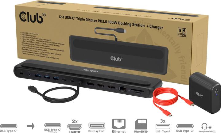 Produktbild Club 3D Club3D USB-C 12in1-Dock >DP1.4/2xHDMI/2xUSB-C/ 8K30Hz PD100W retail (Docking Port, 12 Ports)