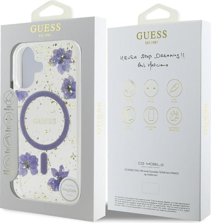 Image du produit Guess Case Resin Flowers Glitter MagSafe for iPhone 16 purple (Apple iPhone 16)