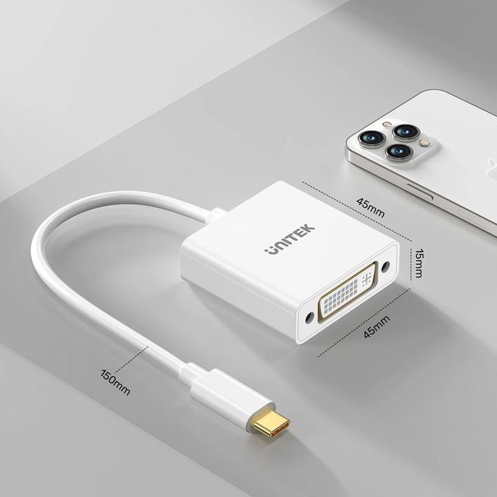 Image du produit Unitek ADAPTATEUR USB-C-DVI 1080P@60HZ BIAŁY 15CM M/F (DVI, 15 cm)