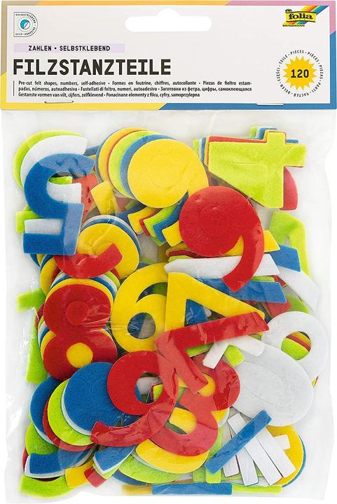 Produktbild Folia 5262 - Filzstanzteile Zahlen, selbstklebend, 120 Stück, farbig sortiert, je ca. 4,5 cm gross