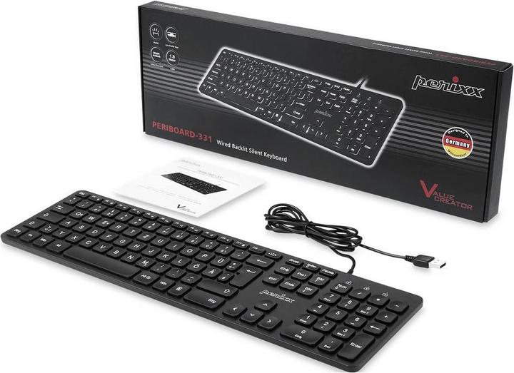 Produktbild Perixx PERIBOARD-331 DE B, Tastatur, USB kabelgebunden, Hintergrundbeleuchtung, schwarz (DE, Kabelgebunden)