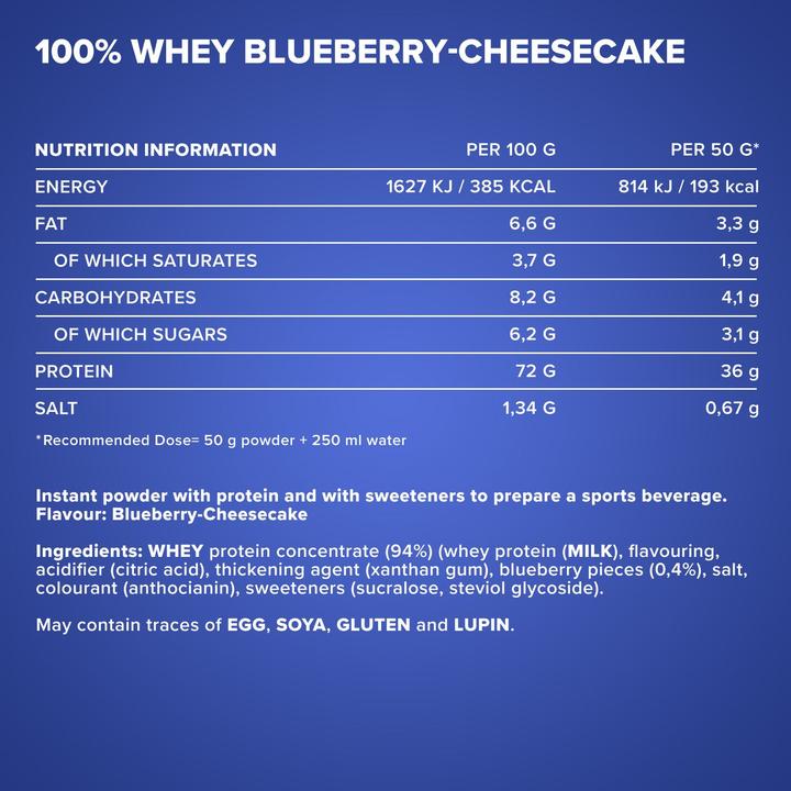 Valori nutrizionali e ingredienti IronMaxx 100% Whey Protein (sacchetto da 500g) (Torta di formaggio al mirtillo, Mirtillo, 1 pz., 500 g)