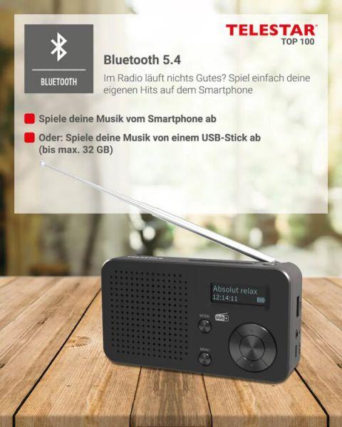 Image du produit Telestar TOP 100 sw portables Radio DAB+/UKW,Bluetooth,USB,Akku (FM, DAB+ DAB, Bluetooth, WiFi)