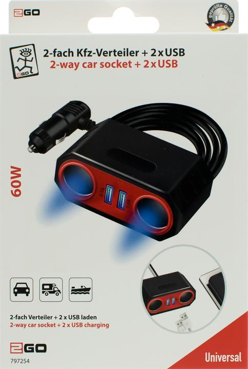 Produktbild 2GO KFZ-2-Fach Verteiler 2x Zigarettenanzünder + 2x USB