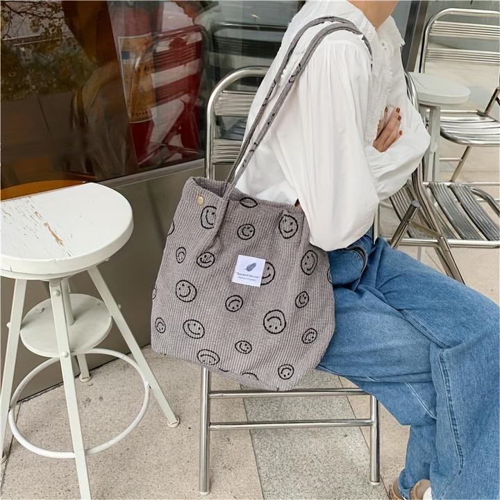 Actual product image Only-Bags.Store Retro Corduroy Tote Bag, Smiling Face Print Shoulder Bag, Simple Handbag for School