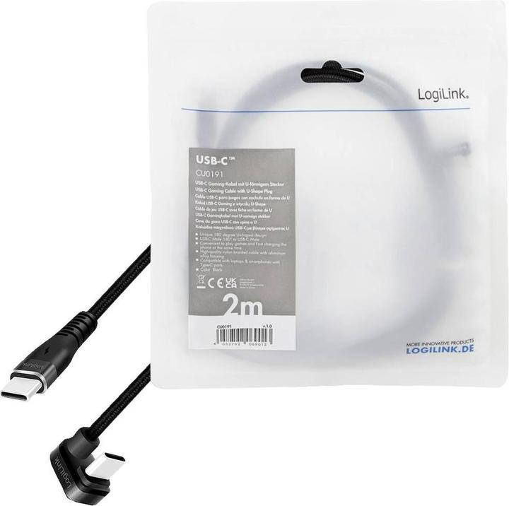 Immagine prodotto LogiLink Cavo USB 2.0 Type-C, da C/M 180° a USB-C/M, alluminio, nero, 2 m (2 m, USB 2.0, 60 W)