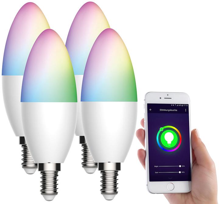 Produktbild Luminea 4er-Set WLAN-LED-Lampen, für Amazon Alexa/Google Assistant (E14, 5.50 W, 470 lm, 4 x, F)