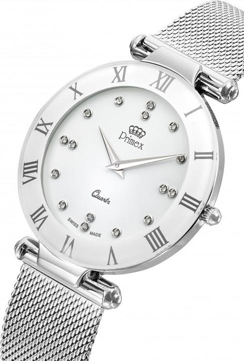 Image du produit Primex Montre Dame Swiss Made Bracelet Metal Argente Cadran Blanc Etanche 30 M Grande (Montre analogique, 40 mm)