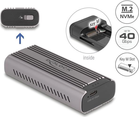 Actual product image Delock USB Type-C 40 Gbps housing for 1 x M.2 NVMe PCIe SSD (M.2 2280, M.2 2242, M.2 2260)
