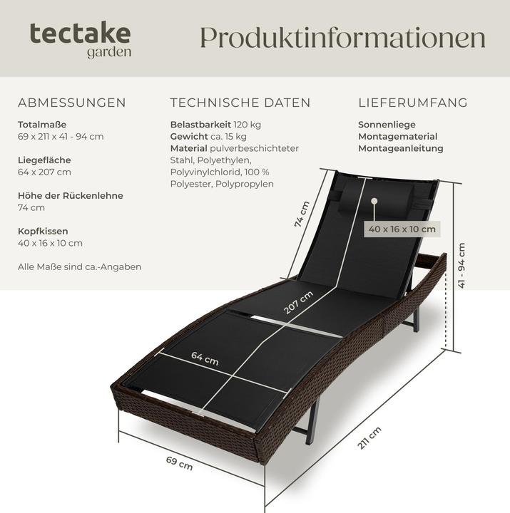 Produktbild tectake Rattan Sonnenliege Moana (211 cm)