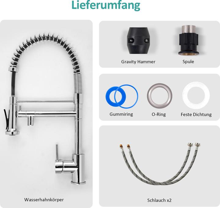 Produktbild Emke Küchenarmatur Wasserhahn Küche Mischbatterie,60cm(Nylon) Schlauch, 2 Strahlarten, Chrom
