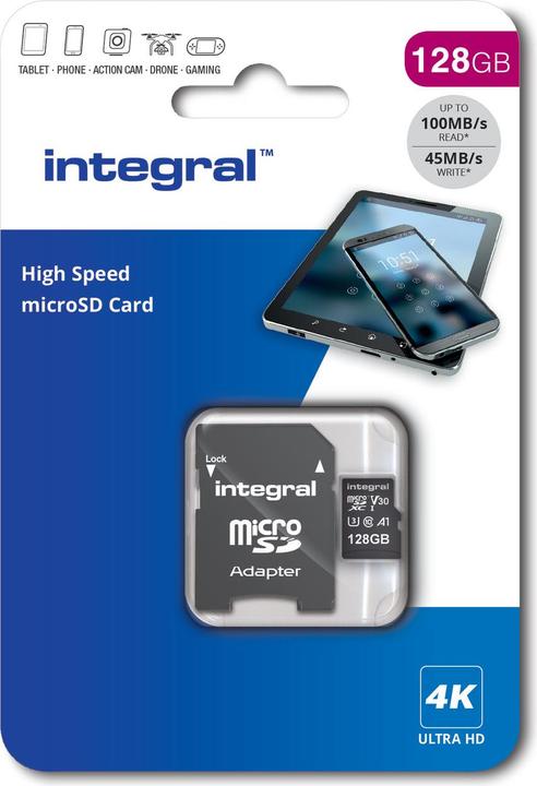 Image du produit INMSDX128G-100V30 128GB MICRO SD CARD MICROSDXC UHS-1 U3 CL10 V30 A1 UP TO 100MBS READ 45MBS WRITE (128 Go, microSDXC, U3, UHS-I)
