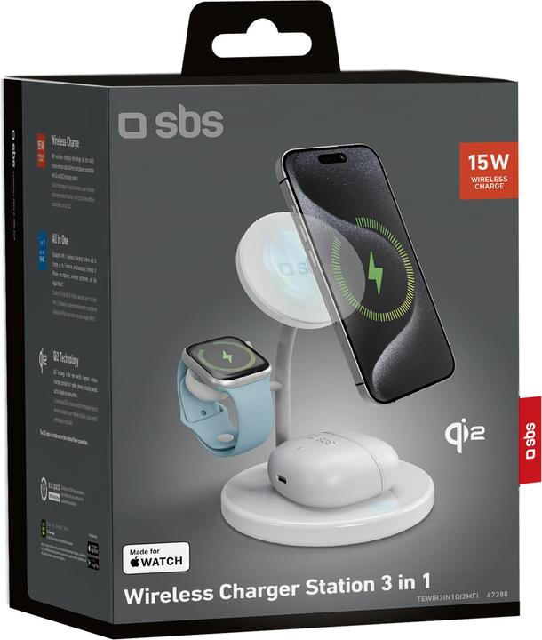 Image du produit SBS Station de recharge sans fil Qi2 3x1 pour iPhone 16/15/14/13/12, smartphones Android, Apple Watch (15 W)