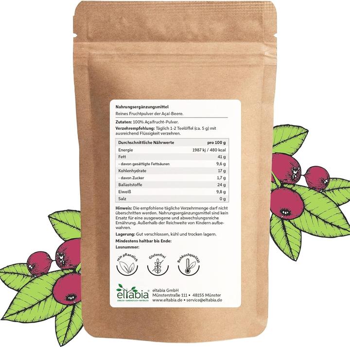 Produktbild Eltabia Acai Pulver in Rohkost-Qualität | 100% rein ohne Zusatzstoffe und Vegan (Pulver, 200 g)