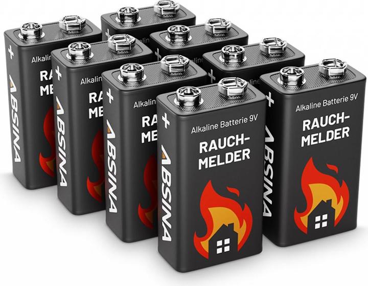 Absina Piles alcalines 9V 6LR61, idéales pour les détecteurs de fumée, paquet de 8. (8 pcs, 9V Block)