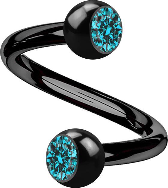 Star Piercing Micro Spirale schwarz mit zwei Kugeln Kristall aqua (Titan G23, ohne Messing)