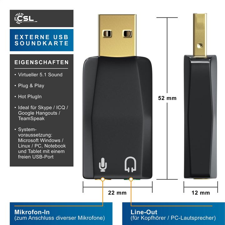 Produktbild CSL USB Soundkarte 5.1 Kanäle, Extern, 5.1 Virtual Surround, Line-Out & Mikrofon-In Anschlüsse, schwarz (USB 2.0)