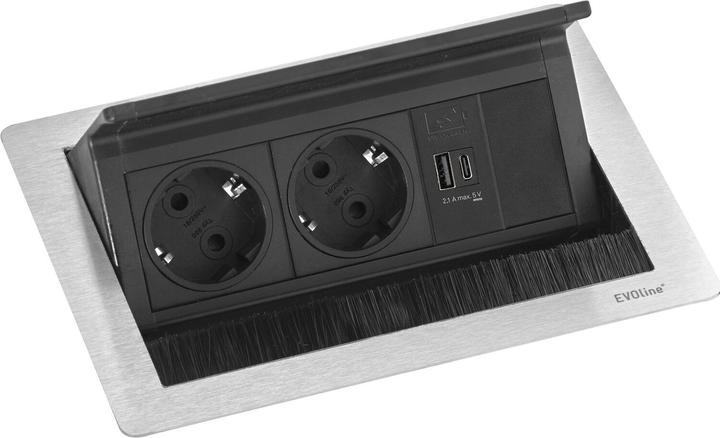 Evoline Flip Top Push S 2xSchuko + USB-A- USB-C-Charger Edelstahl