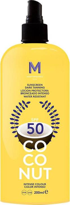 Actual product image Mediterraneo Sun COCONUT sunscreen dark tanning SPF50 200 ml (Suntan cream, SPF 50, 200 ml, 105 g)