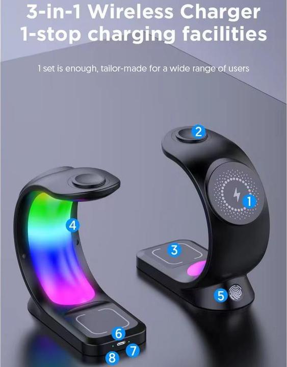 Actual product image PhoneLook Wireless MagSafe 15W 3in1 charging station (iPhone, AirPods, Apple Watch) with RGB LED light (15 W)