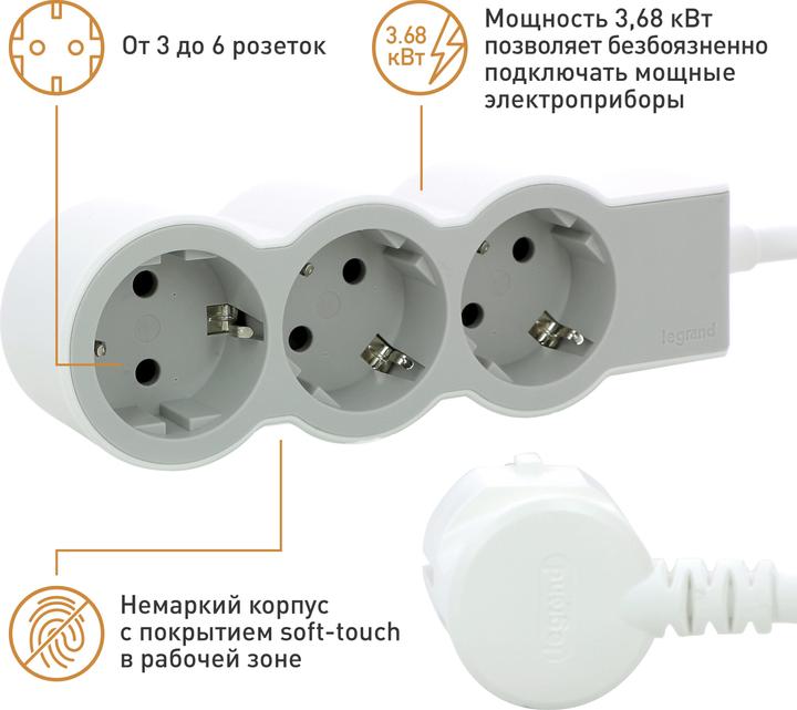 Actual product image Legrand Flat socket strip 3x socket, 3 metre cable white-grey 694559 (3 x, CEE 32/3, 3 m)