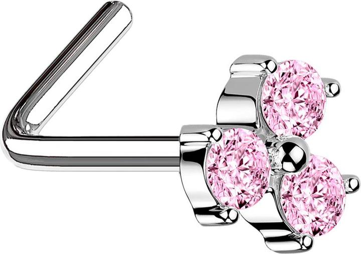 Star Piercing Nasenstecker gewinkelt silber dreiblatt Blume Kristall pink (Messing, Chirurgenstahl 316L)