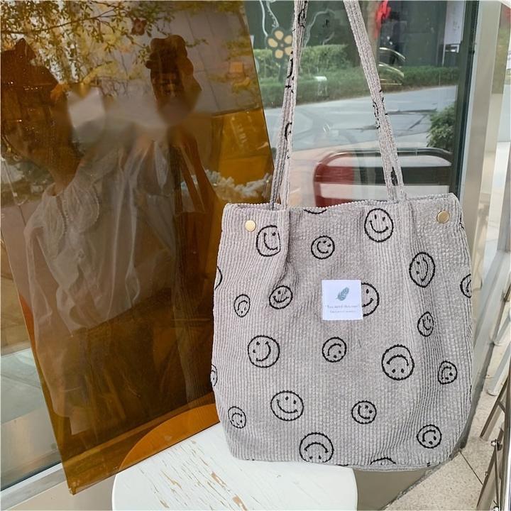 Actual product image Only-Bags.Store Retro Corduroy Tote Bag, Smiling Face Print Shoulder Bag, Simple Handbag for School