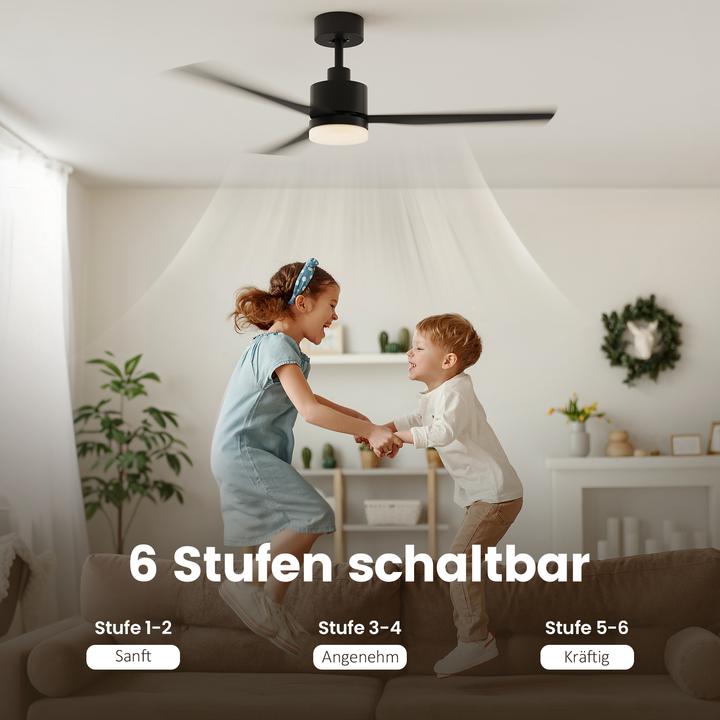 Produktbild Emke Deckenventilator mit Beleuchtung, 3 Blättern, 6 Geschwindigkeiten, 3 Lichttemperatur,Ø132cm, Schwarz