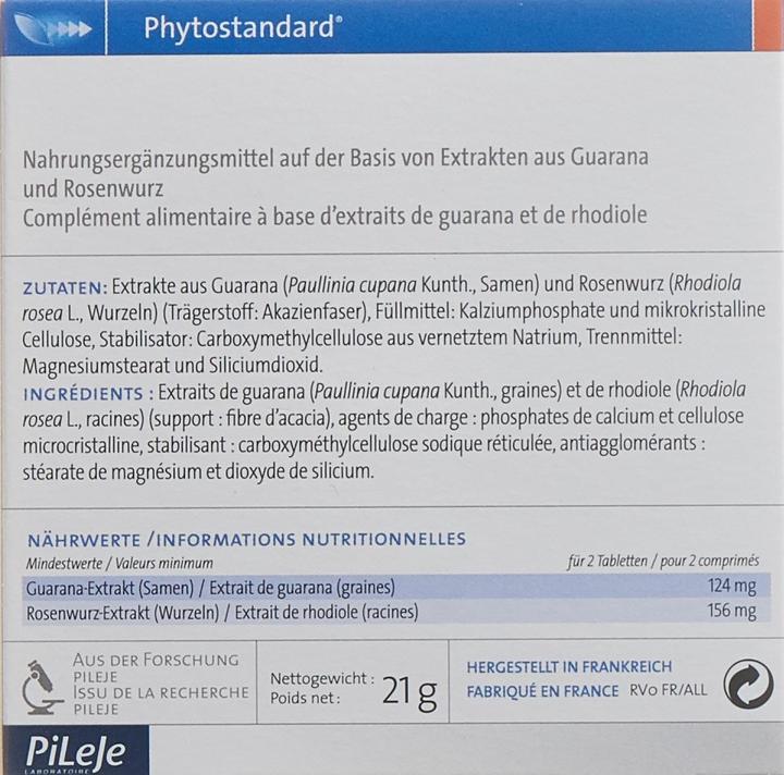 Valeurs nutritives et ingrédients Phytostandarts Guarana - Racine de rose en comprimé (30 pièce(s), Cachets, 35 g)